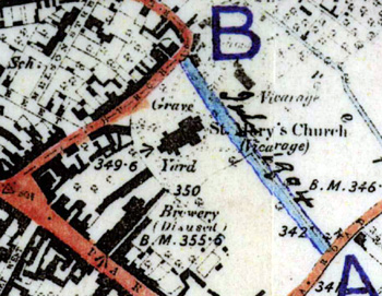 The position of the church and vicarage shown on an Ordnance Survey map of the 1880s